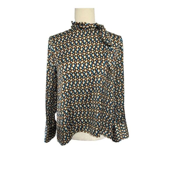 zara womens white blue brown satin zig zag print long sleeve top blouse xs - Picture 1 of 3